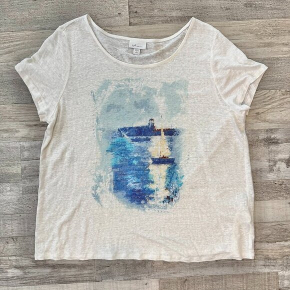 J Jill Tops - J Jill Love Linen white top sailboat graphic semi sheer large petite G29